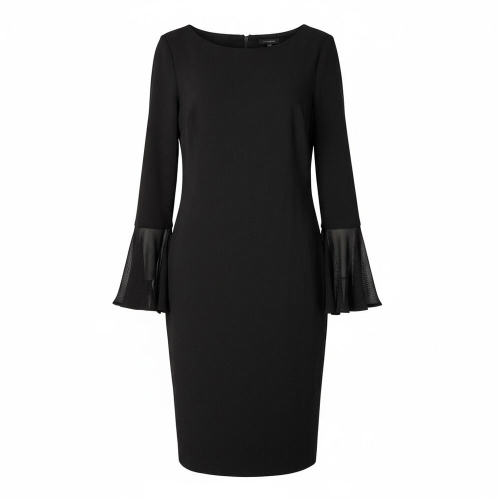 Calvin Klein Black Sheath Dress Elegant Stretch Comfort Bell Sleeve Size 14